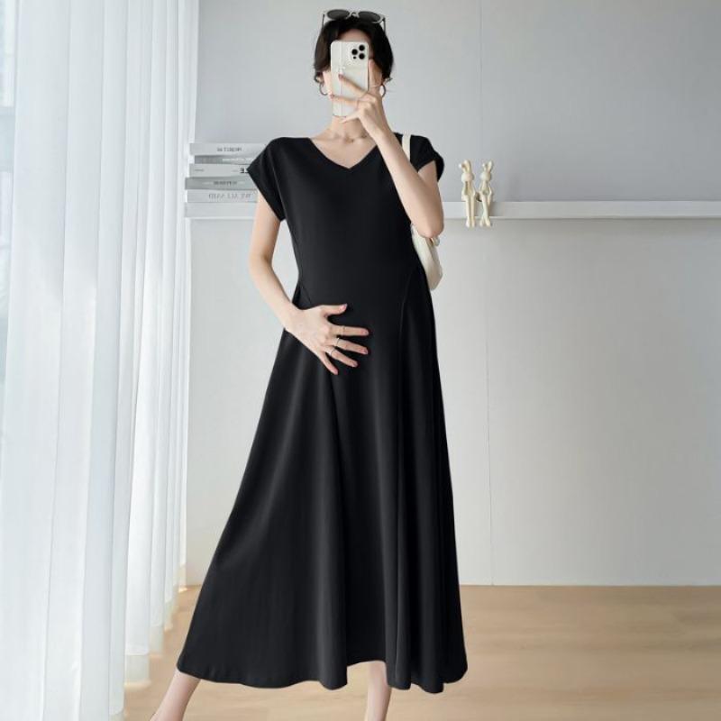 Maternity Collar Short-sleeved Dress Women's Summer New Temperament Loose Belly and Thin Medium and Long Maternity Dress