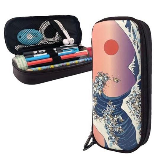 Shiba Inu Kanagawa Oki Nami Ura Pen Case Pencil Holder Large Capacity Box Multifunctional Stylish Leather Pouch Boys Girls Children Simple Tool High