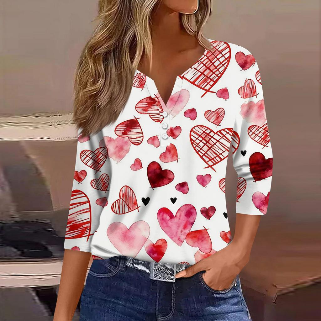 Women's Fashion Button-Up V-Neck Three-Quarter Sleeve Valentine's Day Print Top