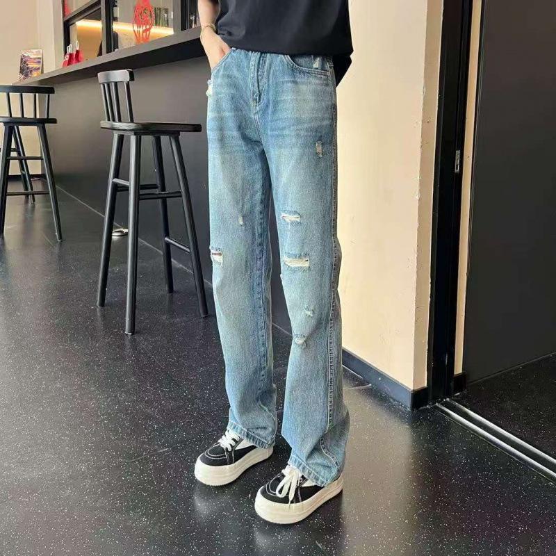 Summer New Retro Blue Casual American Retro Ripped Straight Jeans Washed and Old Loose Ripped Trousers