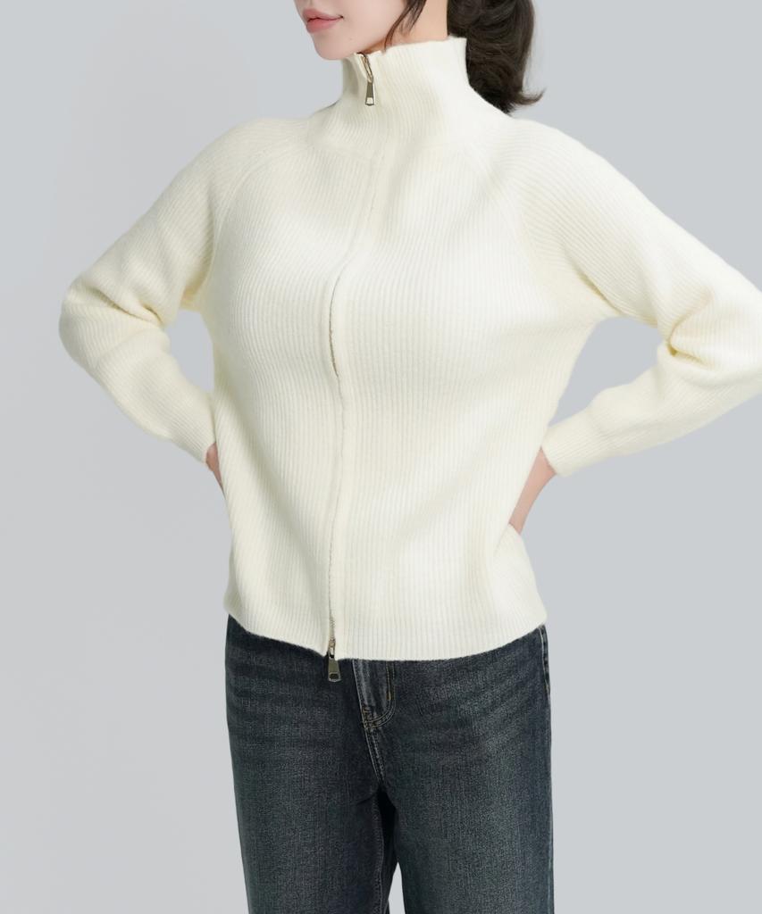 Keulleiseu Mono Zip-Up Knit Sweater_Beige