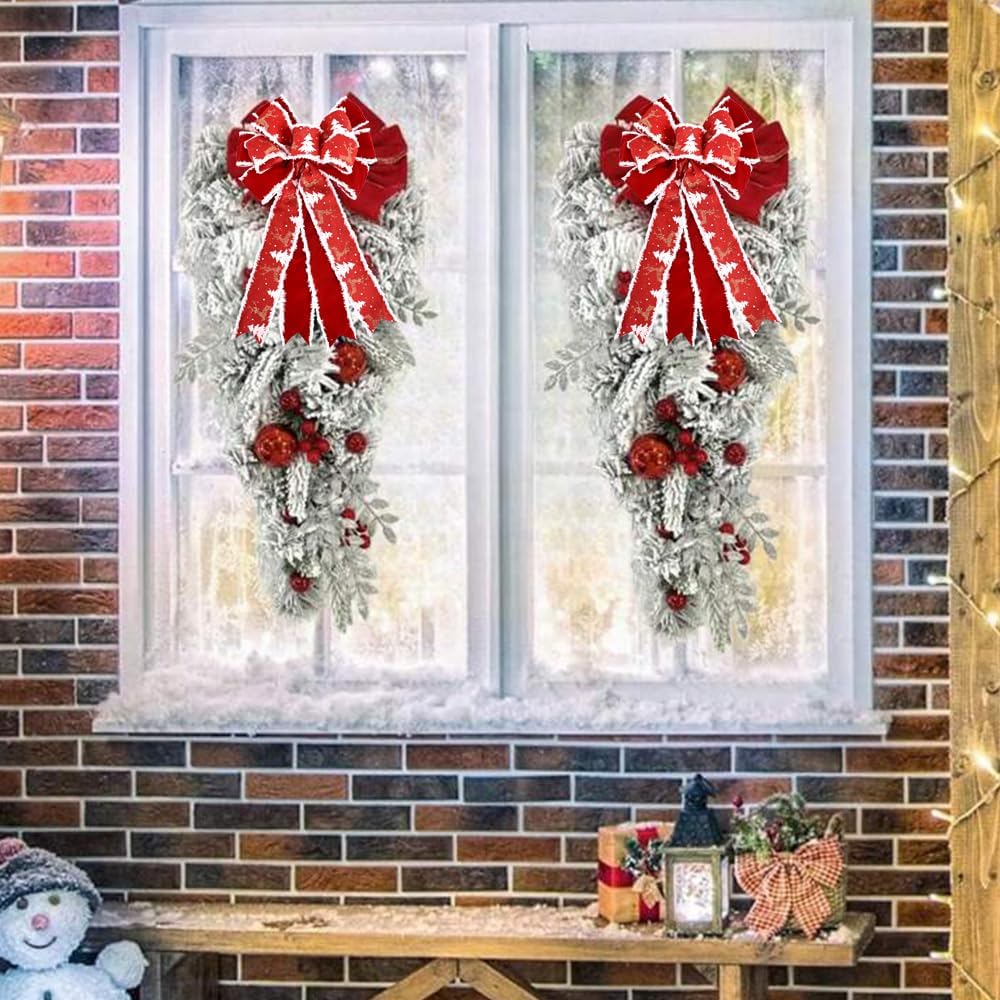 1pc Wired Red Christmas Bow with Snowflake Christmas Decoration for Tree Topper and Front Door, Gift Wrapping Accessories