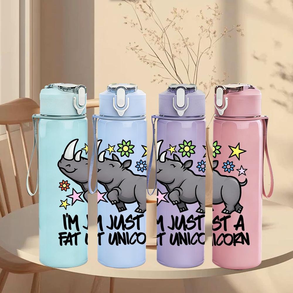 1PC Fat Unicorn Rhino Cartoon Graphic,750ml Color Plastic Sports Water Bottle,Leakproof Flip Straw Lid,Suitable for Sports Office Home Use