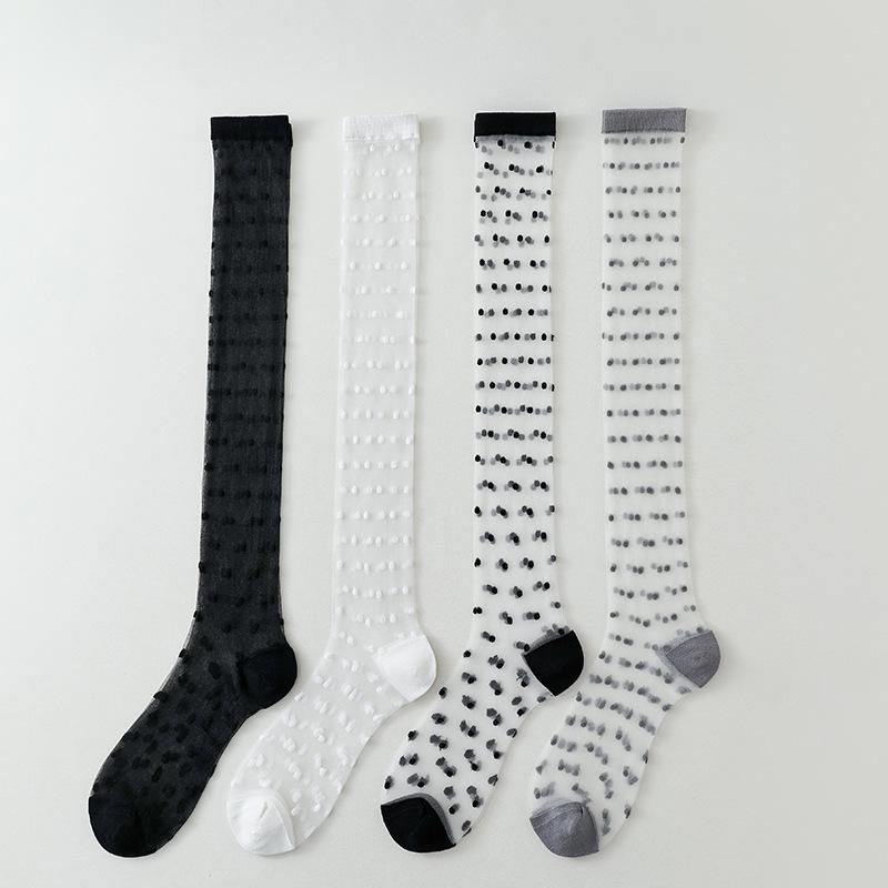 Crystal Silk Socks Women Stockings Summer Ultra-thin Transparent Knee Socks Polka Dot JK Girls Black White Long Socks Stockings