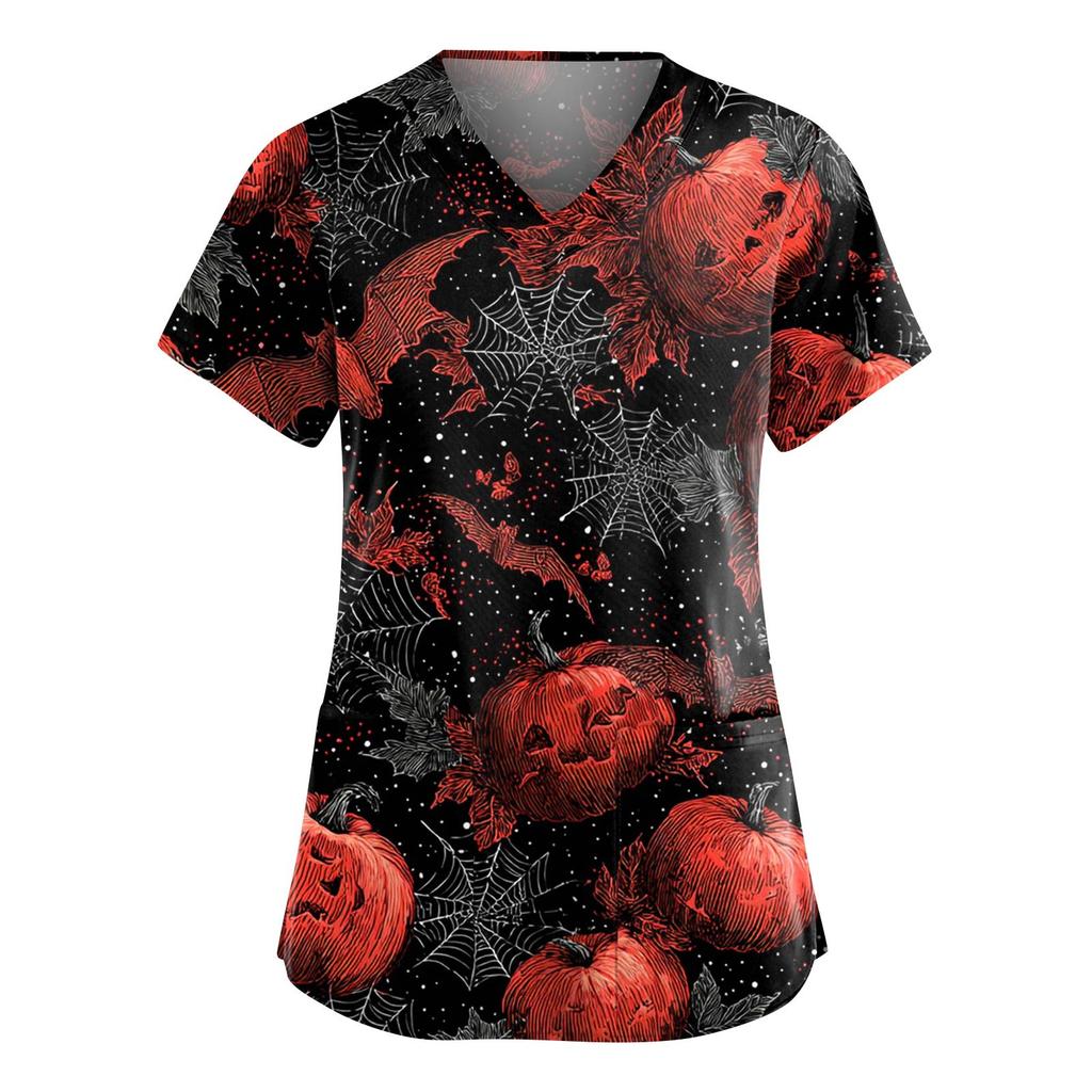 Women's Fashion V-Neck Short Sleeve Overalls With Pockets Halloween Printed Tops  Apparel