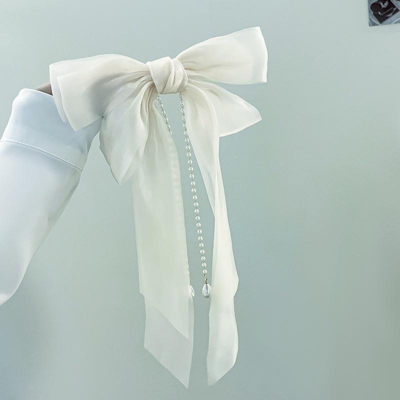 Vintage Elegant Hair Clip Three-layer Bow Pearl Chiffon Super Fairy Style Tie Hair Spring Clip Womne Fashion Hair Accessories