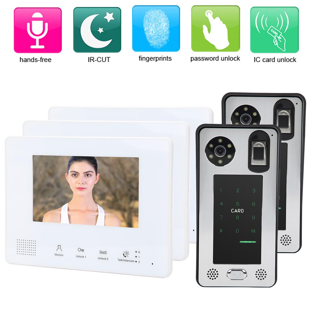 2-Wire Video Intercom 7in 3 Monitors 2 Cameras Fingerprint Password IC Card Night Vision Doorbell