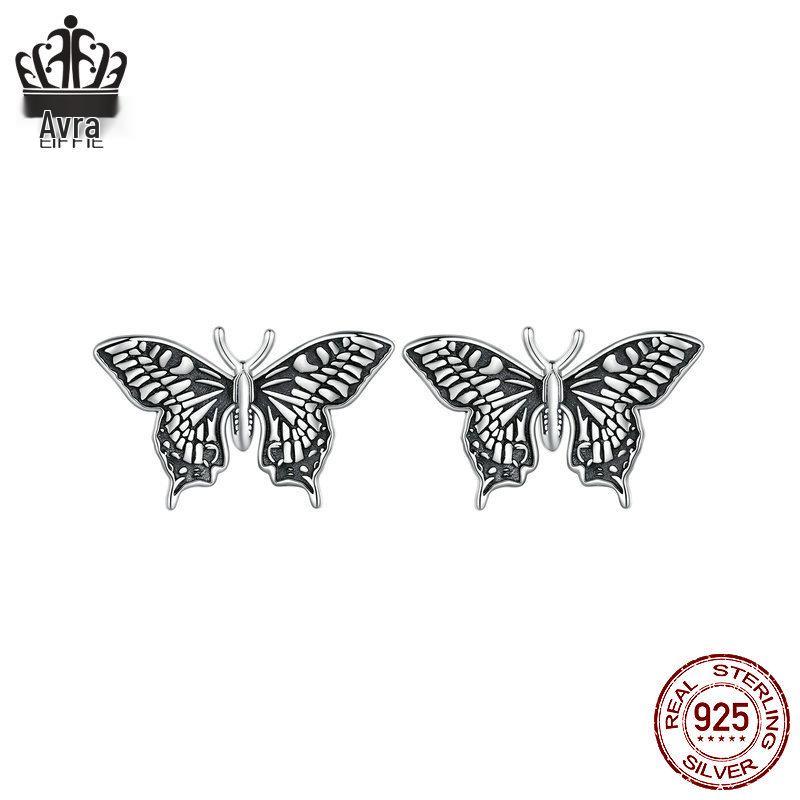 S925 Sterling Silver Butterfly Rose Earrings & Ring Set - Open Ring Design for Women