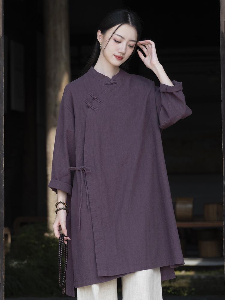 2026 Spring Women's Asymmetrical Cotton Linen Robe with Frog Buttons and Tie-Up Collar - Retro Chinese Zen Tea Wear