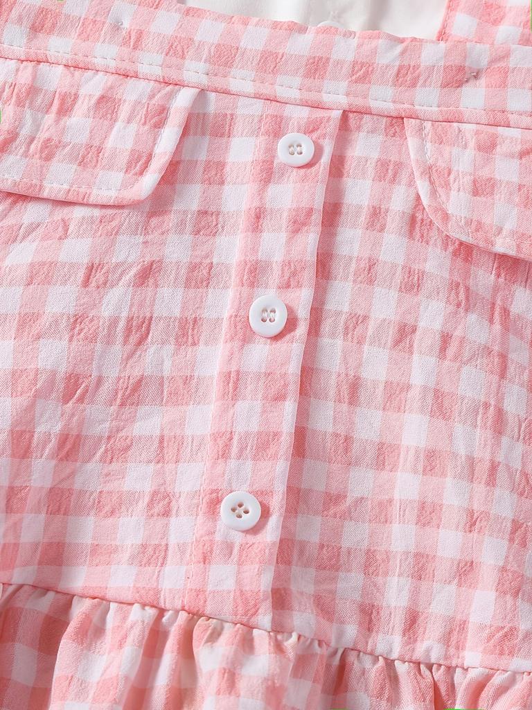 Baby Girls Spring Summer Sweet Strawberry Plaid Short Sleeve Shirt Set, Adjustable Straps, Cute Doll Collar, Daily Wear
