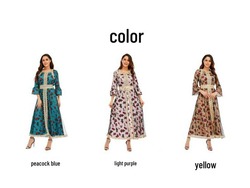 Yiduo Duo European-American Ethnic Print Embroidery Lace Mesh Muslim Dress 21275