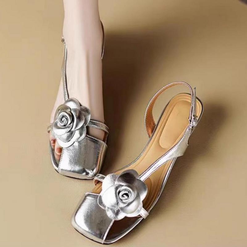 Retro Half Cover Toe Women Sandal Design Summer Cow Leather Square Head Flower Buckle Strap Slingback Mid Heels Party Shoe