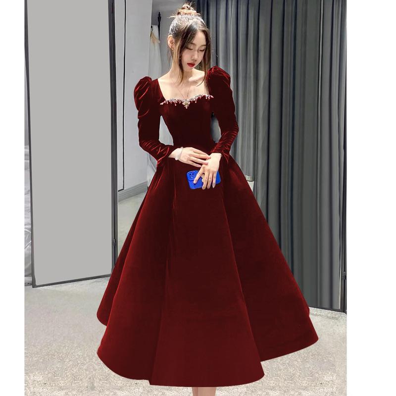 1011 New toast dress, morning gown, bride red long-sleeved evening dress, women's wedding engagement dress, evening dress
