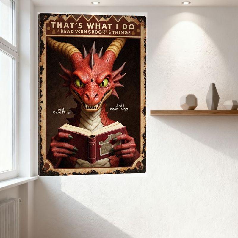 Vintage Red Dragon Reading Book Metal Tin Sign, 'That's What I Do # READ VRNSBOOK'S THINGS' Rustic Aged Wall Decor for Home Cafe