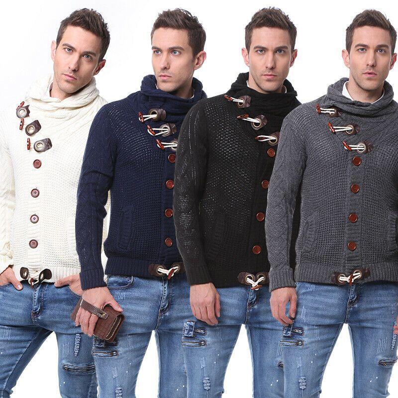 Elegant Men Long Sleeve Knitted Sweater With Horn Buttons And Turtleneck Coat Cardigan