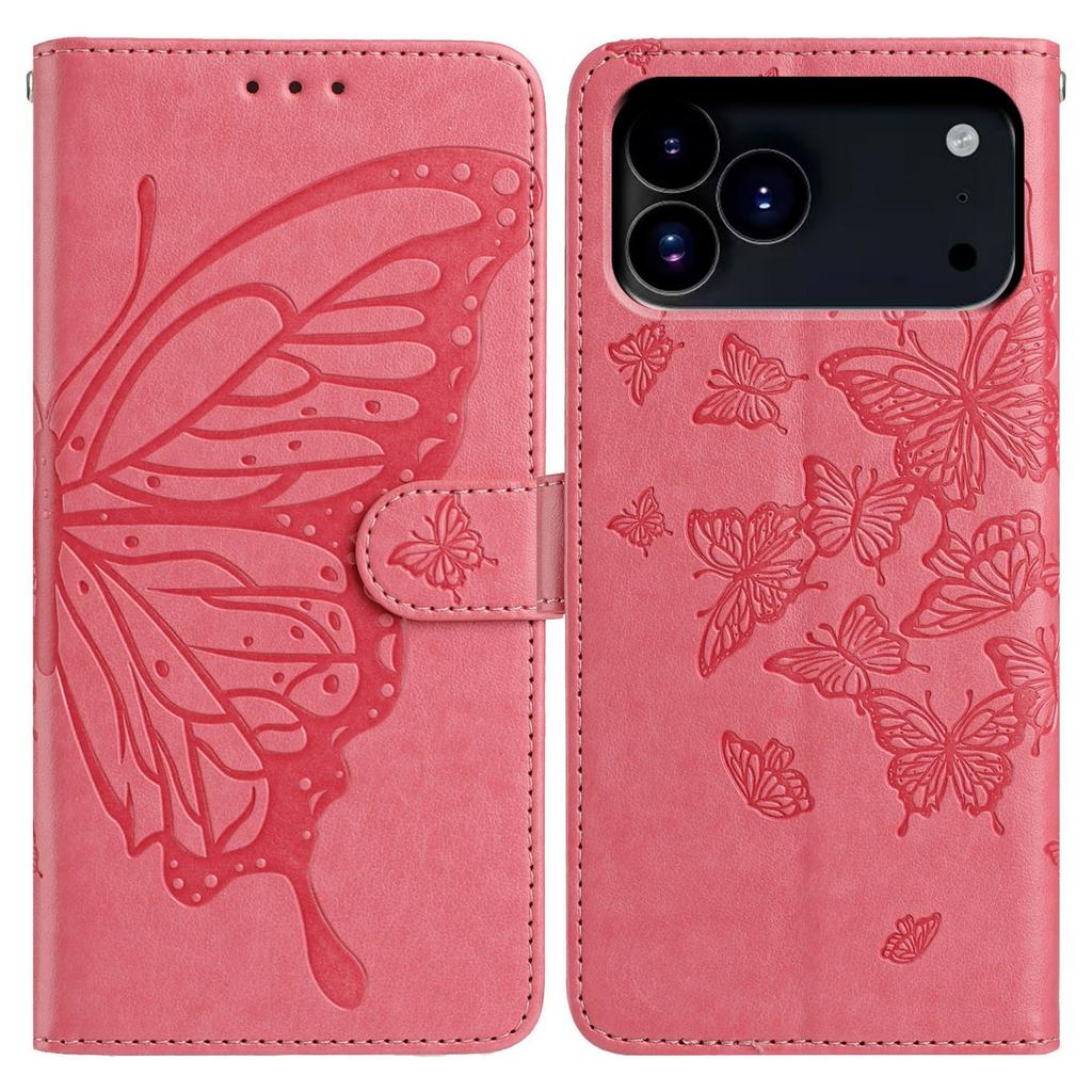 For iPhone 17 Pro Case Butterfly Imprinted Wallet Stand PU Leather Flip Phone Cover with Strap