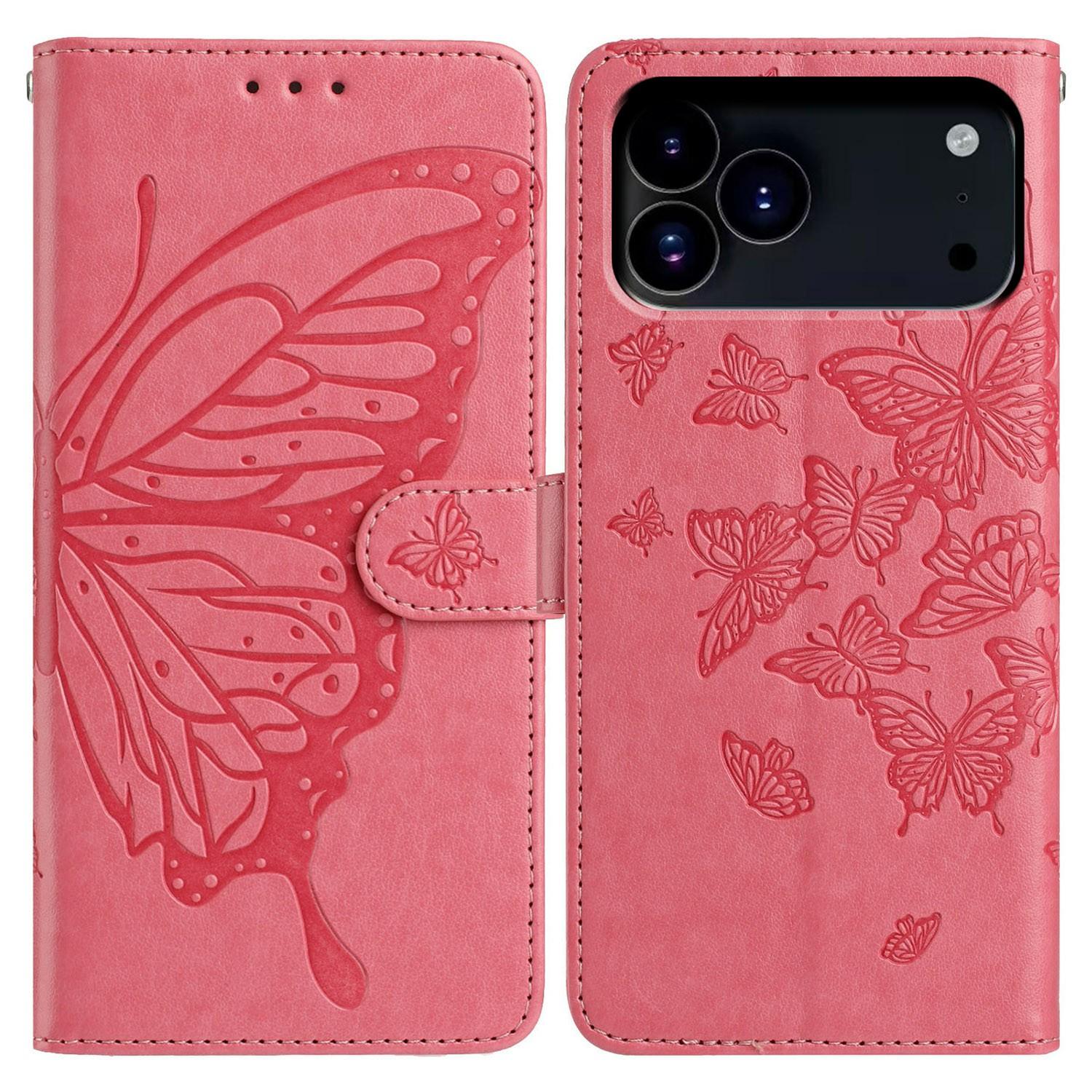 

For iPhone 17 Pro Max Case Butterfly Imprinted Wallet Stand PU Leather Flip Phone Cover with Strap Rose