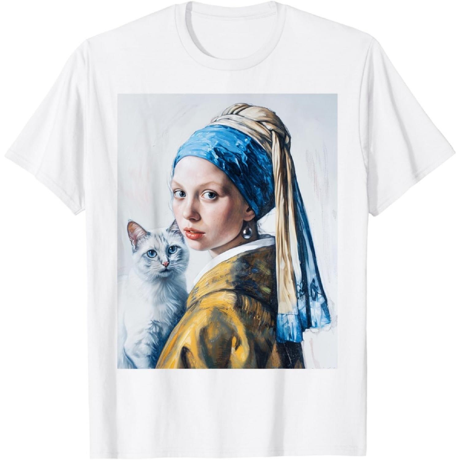 Girl With a Pearl Earring Cat Famous Painting Art Teacher T-Shirt XXXXXL белый