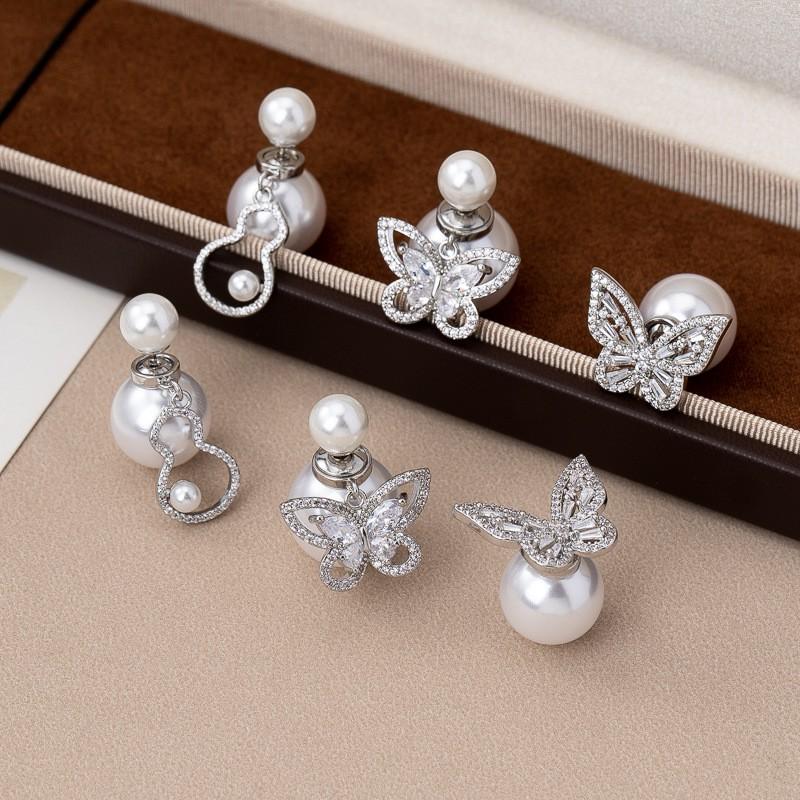 Elegant French Chic Zircon Pearl Earrings Women Dual-Wear Front Back Design Sterling Post Geometric Shape