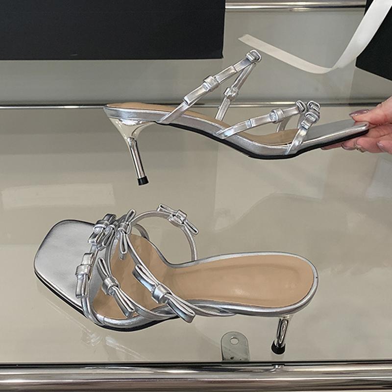 

Designer Leopard Print Bowknot Narrow Band Women Slippers Sandal Summer Party Square Toe Low Thin Heels Mules Slides Shoes 40 серебряный