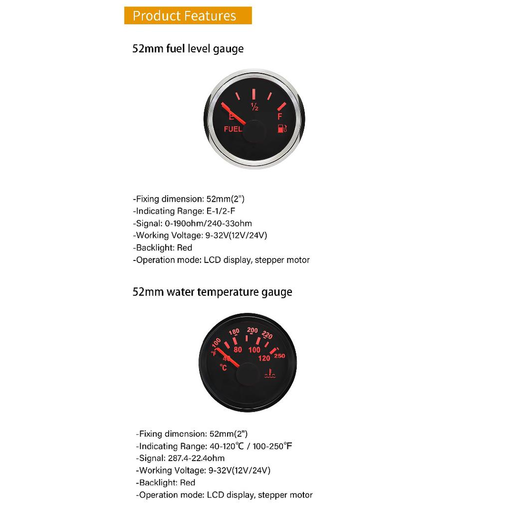 ELING 4 Gauge Set 52mm 40-120℃ Water Temp 0-10Bar Oil Pressure Fuel Level 8-16V Voltmeter with Red Backlight for Marine Car