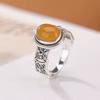 Adjustable Open Ring Women Men Vintage Style Copper With Natural Amber Inlay Geometric Design
