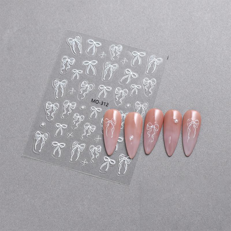 Nail Sticker Ribbon Bow White 3D Thin Diy Nail Art Decals Decoration Pink Bow Pattern Manicure Self Adhesive Nail Decals