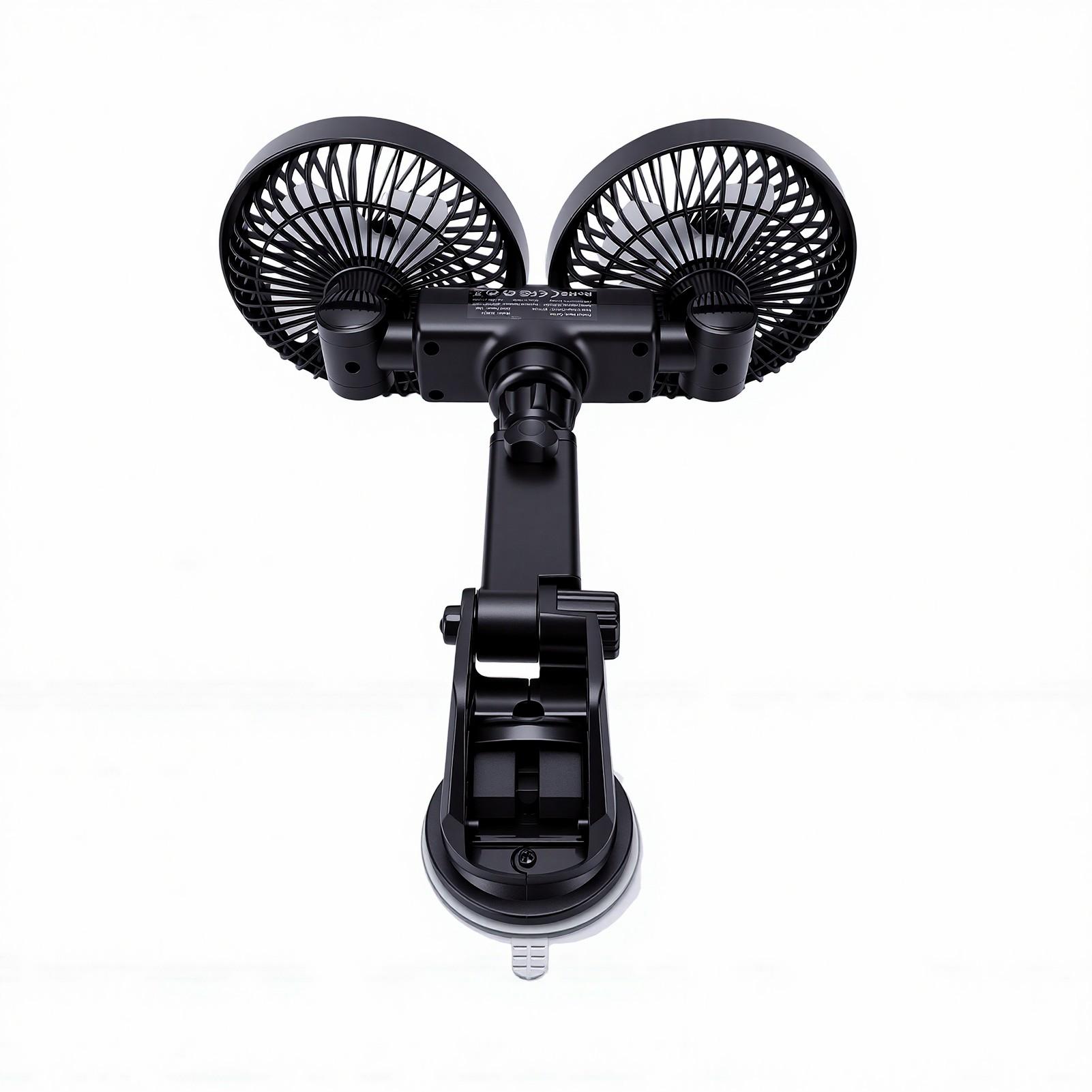 Dual Head Car Cooling Fan 360 Degree Adjustable Stable Suction Cup Rechargeable Dual Head Car Fan for Truck RV SUV чёрный