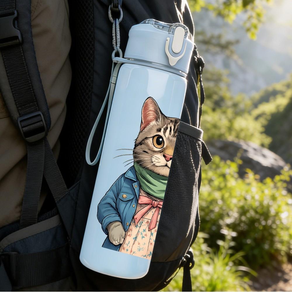 1PC Scarf Gentle Cat Cartoon 750ml Color Plastic Sports Water Bottle Leakproof Flip Straw Lid Suitable for Sports Office Home Use