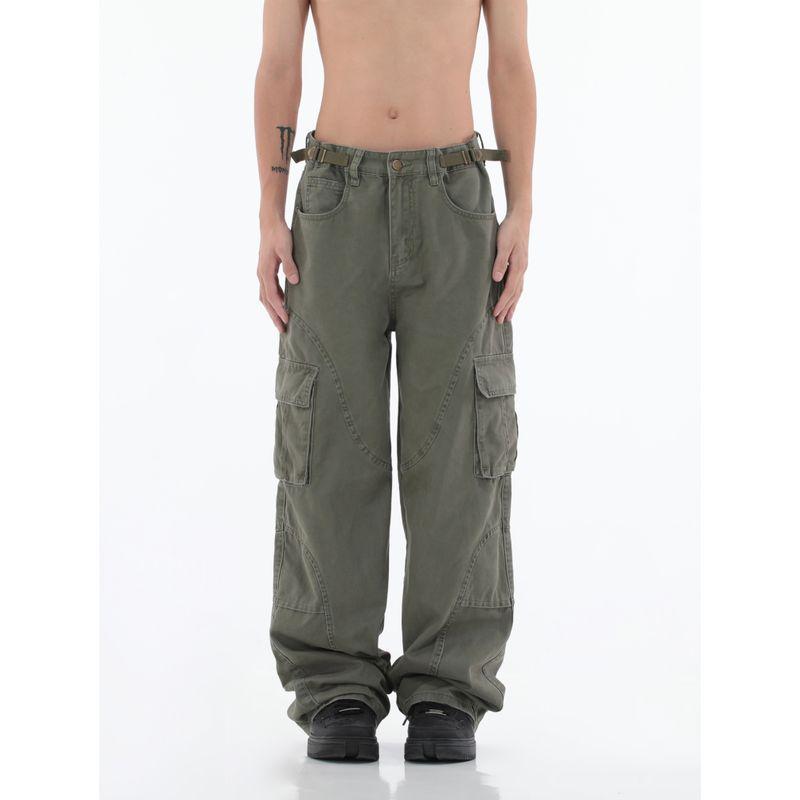 

American Retro High Street Fashion Brand Multi-Pocket Cargo Pants Pants Men and Women Straight-leg Loose Casual Denim Pants Ins Army Green XL