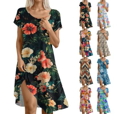 Short Sleeve Boho Dress For Women Casual Loose Fit Summer Sundress Floral Print Dress With Pockets