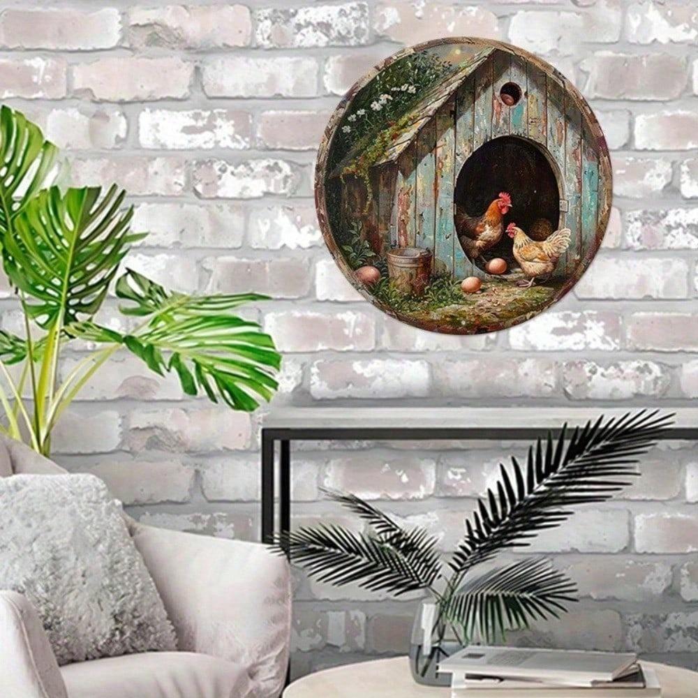 Vintage Metal Chicken Sign Rustic Round Tin Wall Art 8x8 Inch Weatherproof Farmhouse Decor for Outdoor Patio Garden