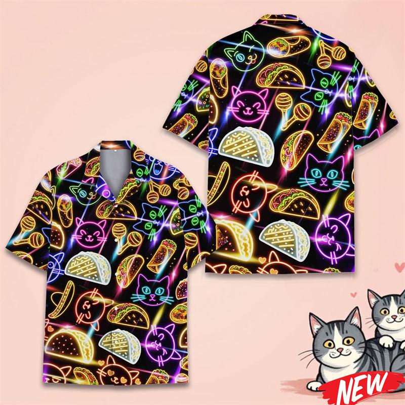 Lustiges Neon-Katzen-Grafik-Hawaihemd Herren Neues Design 3D-Druck Tierhemden Sommer Street Kurzarm Reversbluse Oberteile