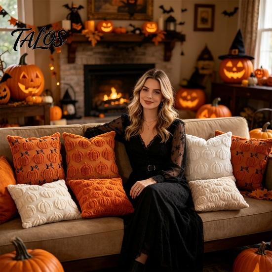 Quilted Embroidery Holiday Decor Fall Pumpkin Cushion Cover, 18x18 Inch Plush Throw Pillow Skin Friendly Fabric Cases Farmhouse Case for Sofa