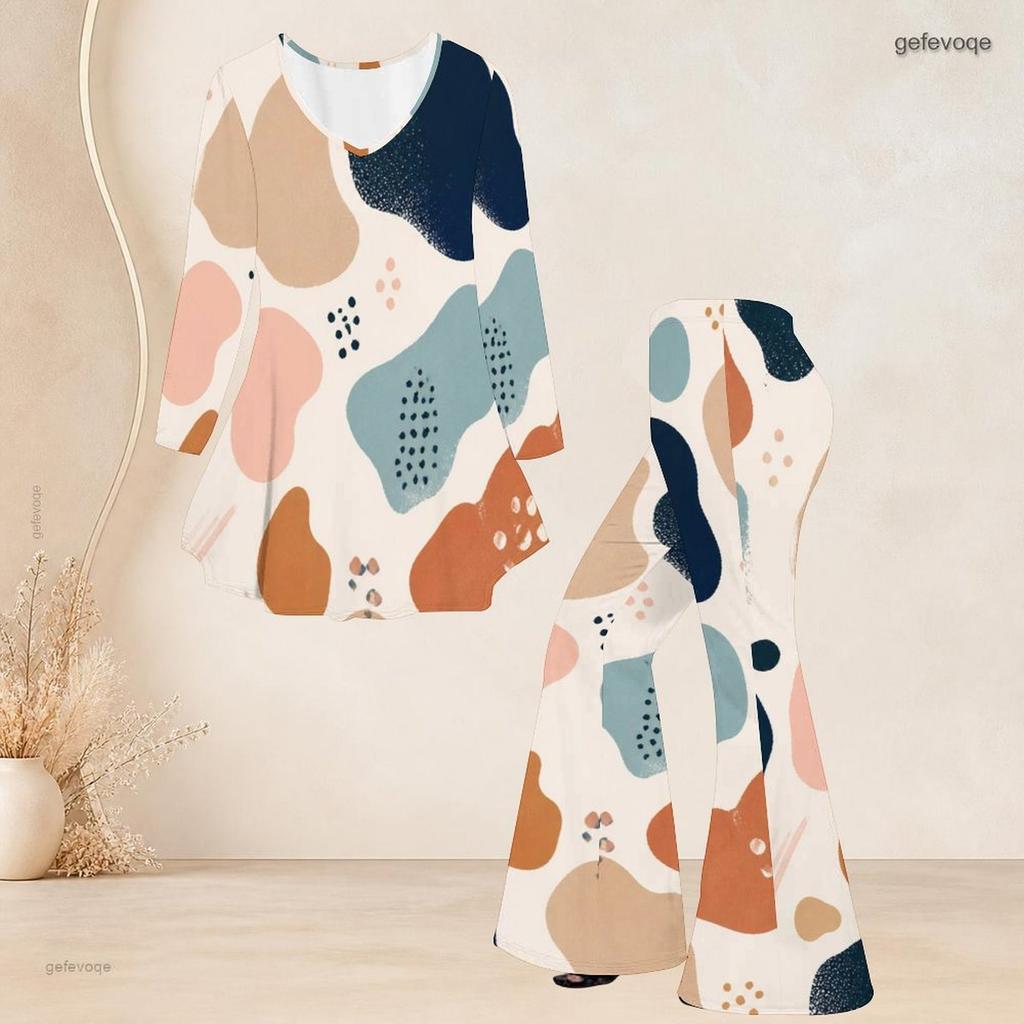 Women Plus Size Round Neck Three Quarter Sleeve Printed Flared Top Flared Pants Two Piece Set