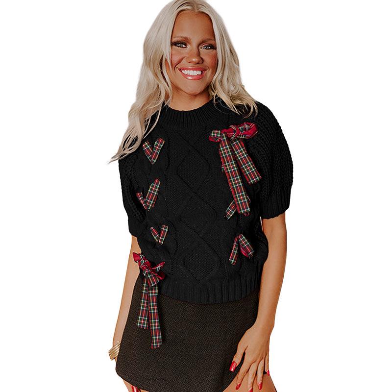 Autumn 2025 Women's Fashion Pullover: Short-Sleeved Bow Tie Knit Top