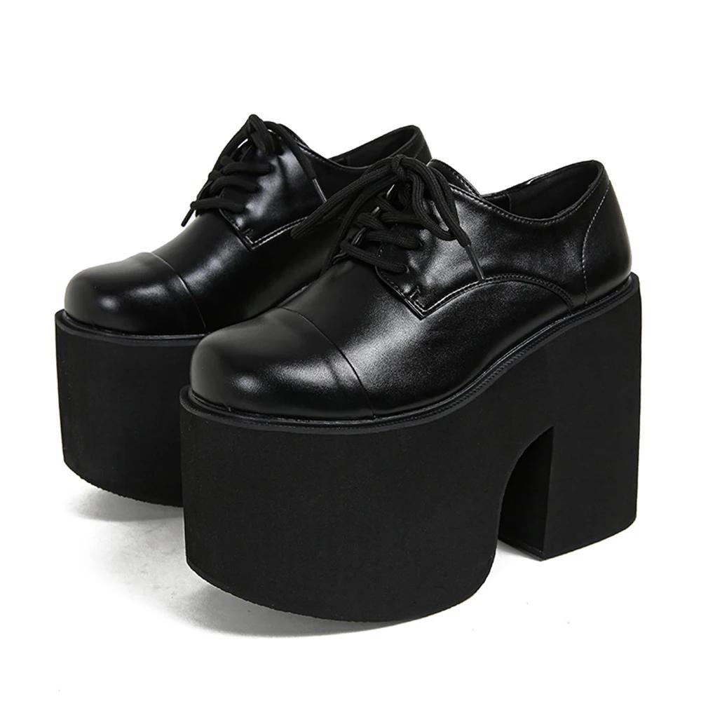 Womens Chunky Heeled Pumps Lace Up Elegant Oxford Platform Pumps for Women Height Increase Design Party Cosplay Shoes