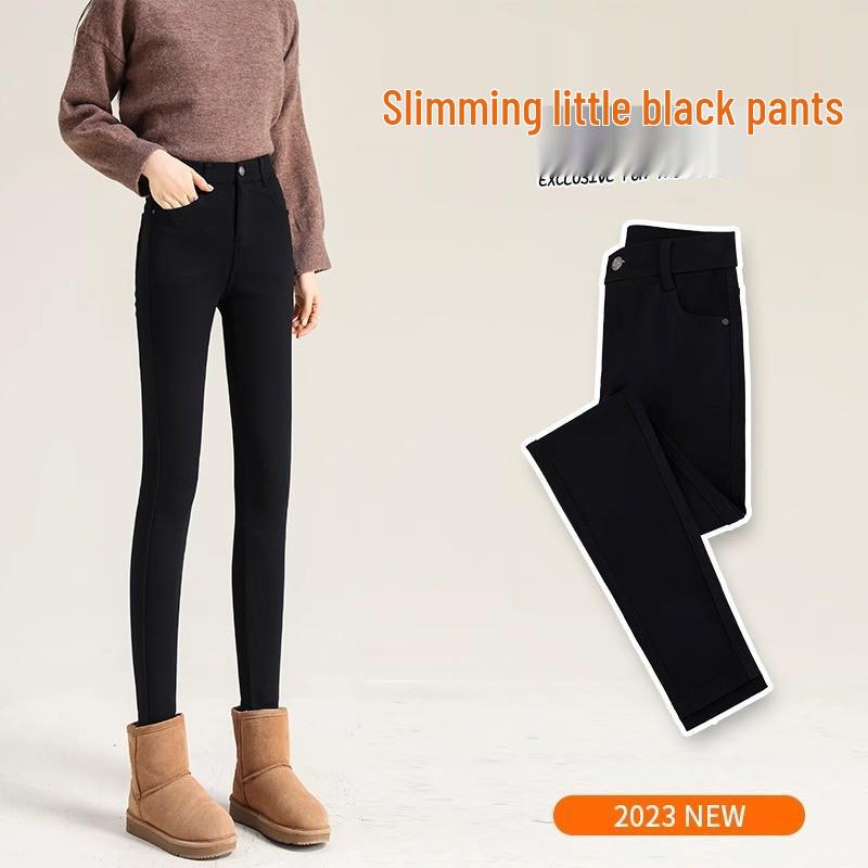 Damen Winter Fleecegefütterte Schwarze Leggings - Dicke Lammfleece Baumwolle, Slim Fit, Herbst/Winter 2025 Stil