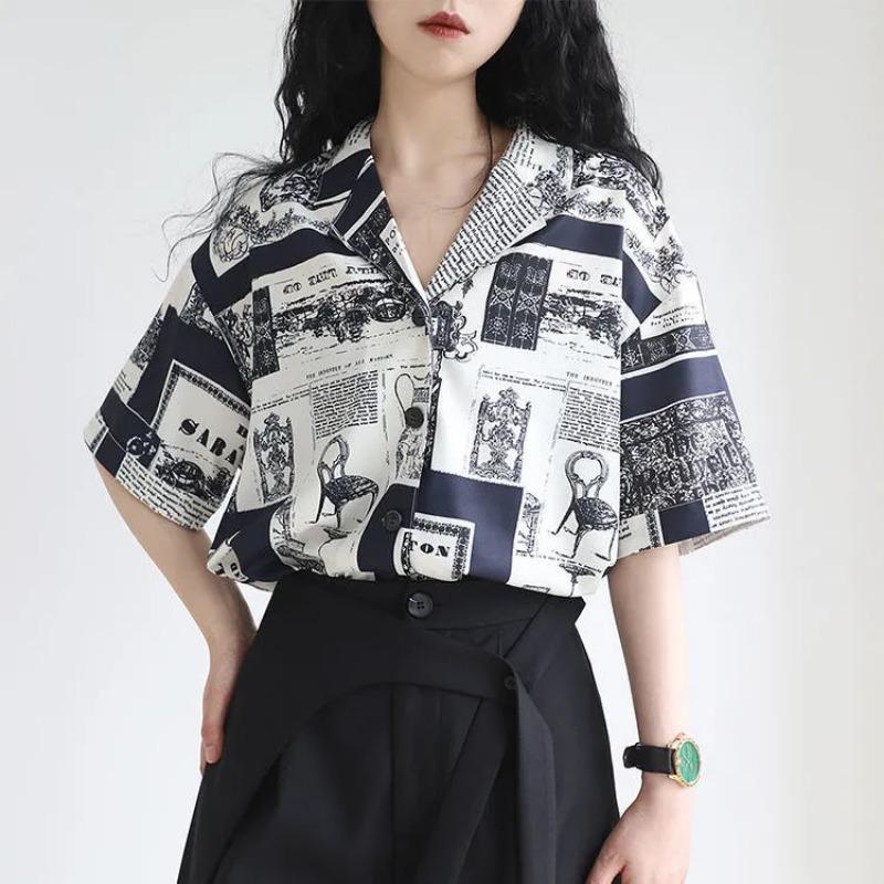 Women Black White Vintage Print Short Sleeve Button Down Shirt S темно-синий