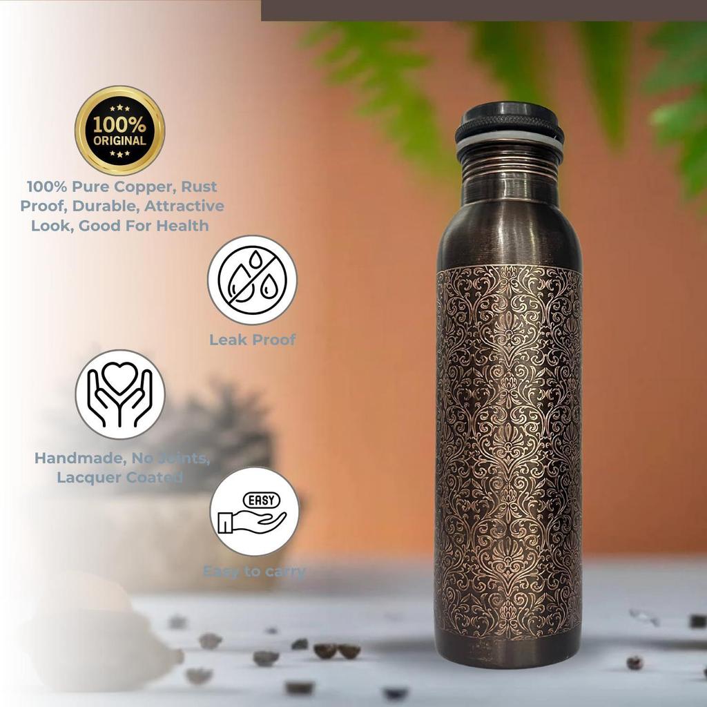 Copper Water Bottle 1 Ltr | Copper Water Bottle with Glass Set | Meena Work | 100% Pure | Leak-Proof | 2 Water Glass 300ml each