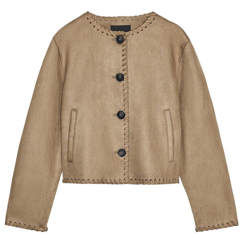 

Zaprha 2025 Осень Новая Замшевый эффект Плетеная отделка Слой Круглый вырез Длинный рукав Куртка 6318239 Tan L