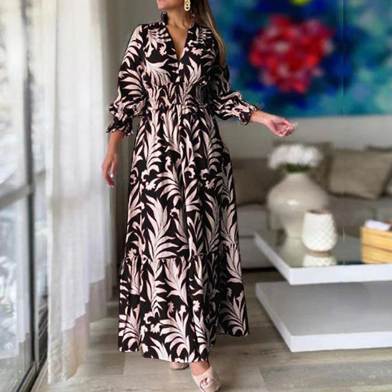 Women's Solid Color Printed Large Dress Solid Color Printing Large Swing Dress Female