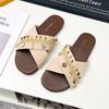 Cross Strap Flat Bottom One-Word Drag Women'S Summer New Korean Version Outer Wear Pearl Decoration Casual Cool Slippers
