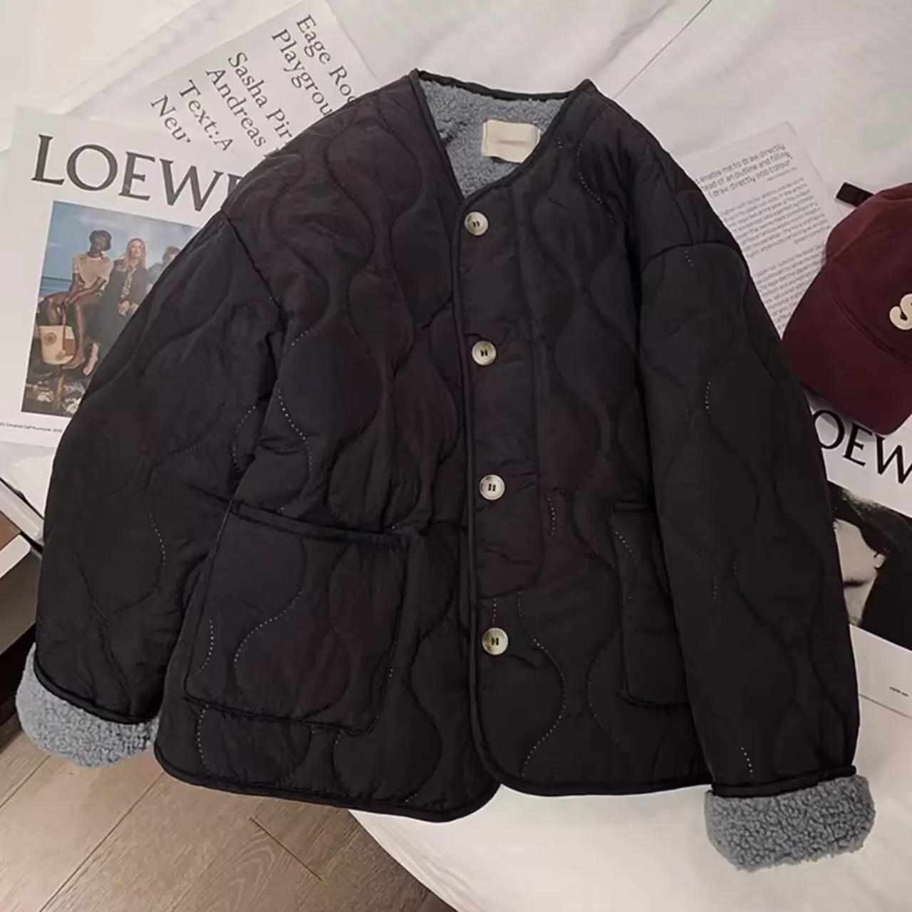 

Lamb Wool Cotton-padded Quilted Coats Women Wool-liner Warm Diamond Grid Jacket Lightweight Single-breasted Winter Short Coats XXL