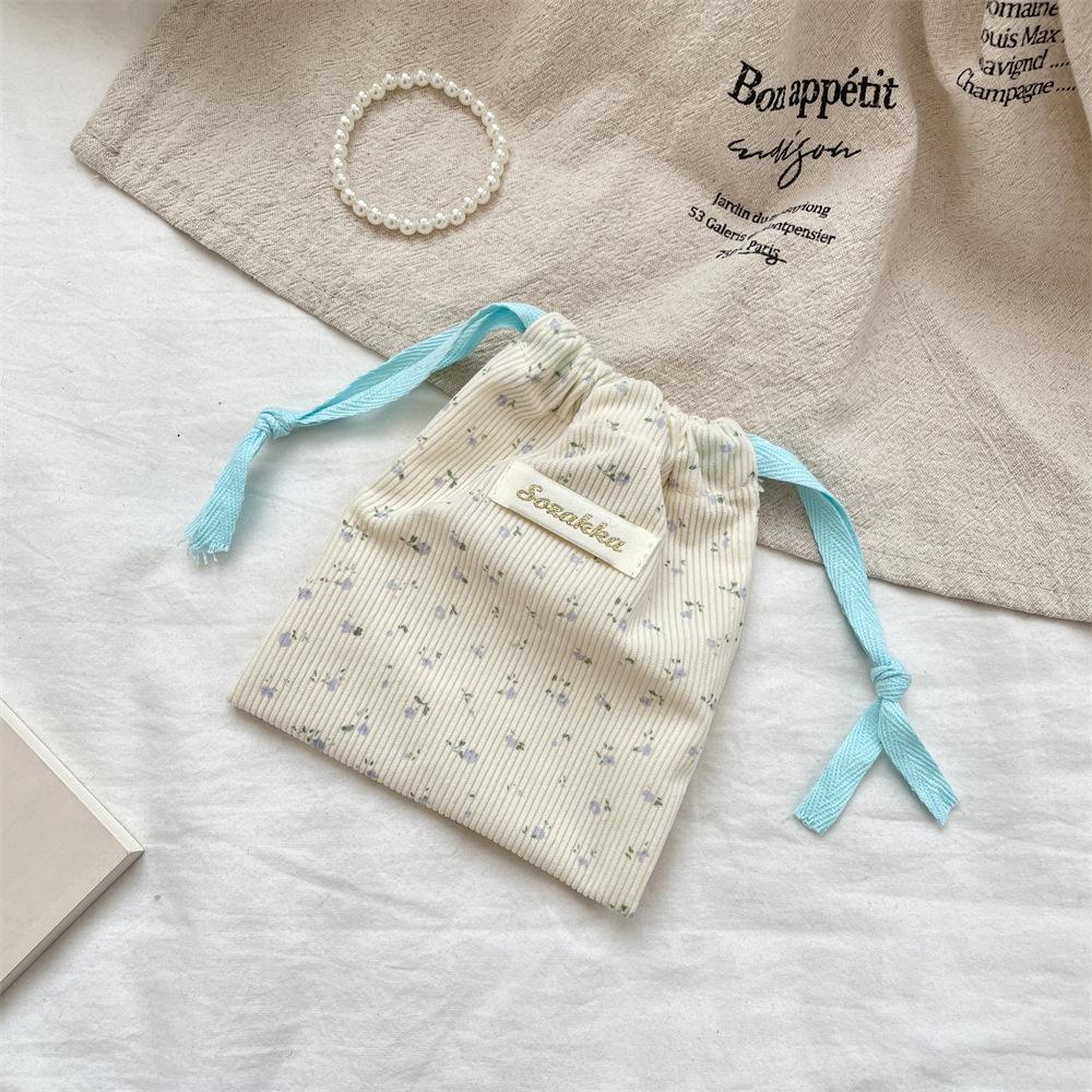 New Corduroy Floral Drawstring Bag Women Cosmetic Bag Handbag Key Headphone Organizer Portable Jewelry Dust Bag Drawstring Bags