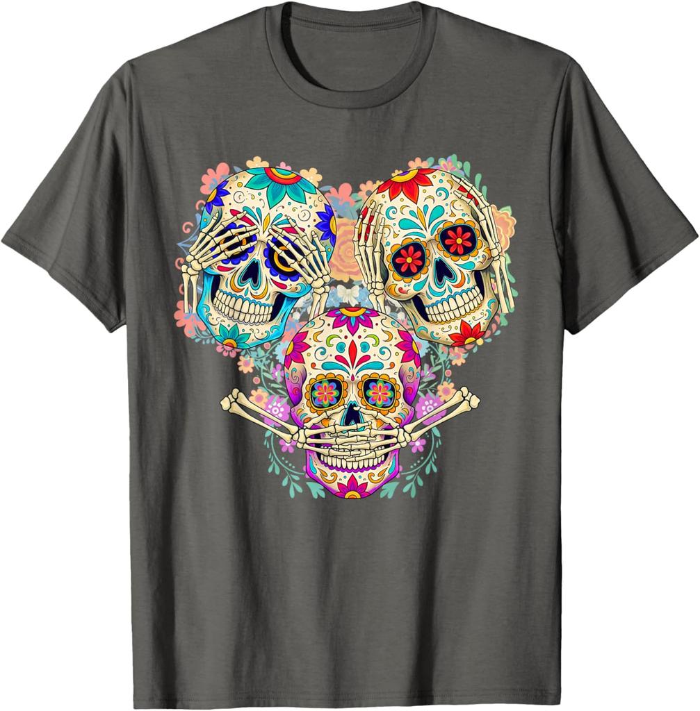 Sugar Skull Three Wise Monkeys Day of The Dead Graphic Tee Breathable Men Casual Trip T-Shirt