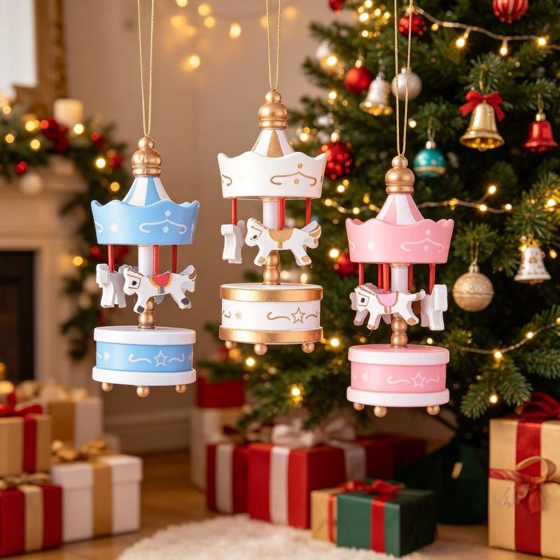 Wooden Mini Carousel Christmas Tree Ornaments Perfect For Holiday Home Decor Xmas Party Gifts
