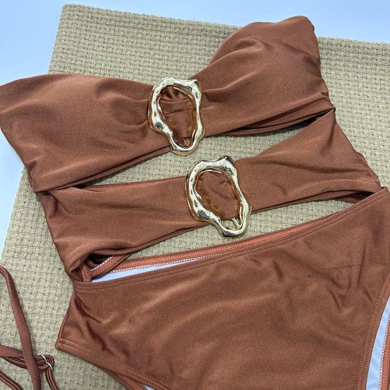 Sexy Monokini Off Shoulder Bandeau Hollow Design Solid Color One-piece Swimsuit with Irregular Metal Rings Vacation Wear