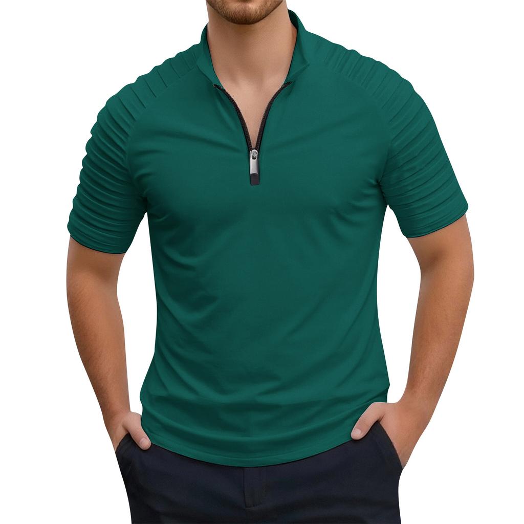 Men's Stand Up Collar 1/4 Zipper Striped Top  Men's Casual And Comfortable Short Sleeved Top