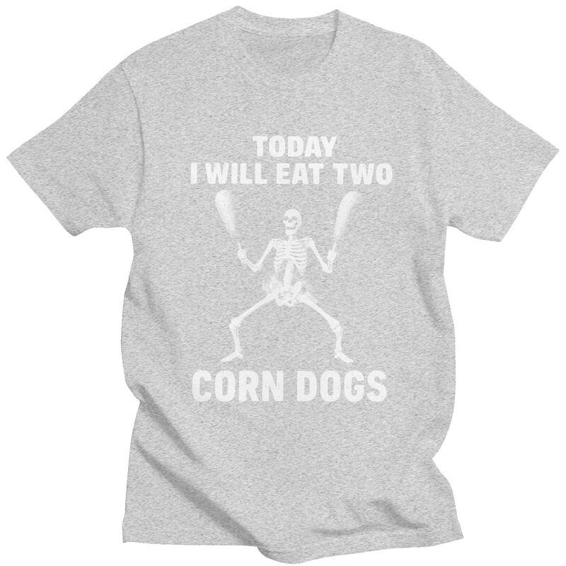 Skeleton Corn Dogs Funny Food Meme T Shirt for Men 100 Cotton Tshirts Sumer Style Short Sleeve Tee Shirt Slim Fit Clothing